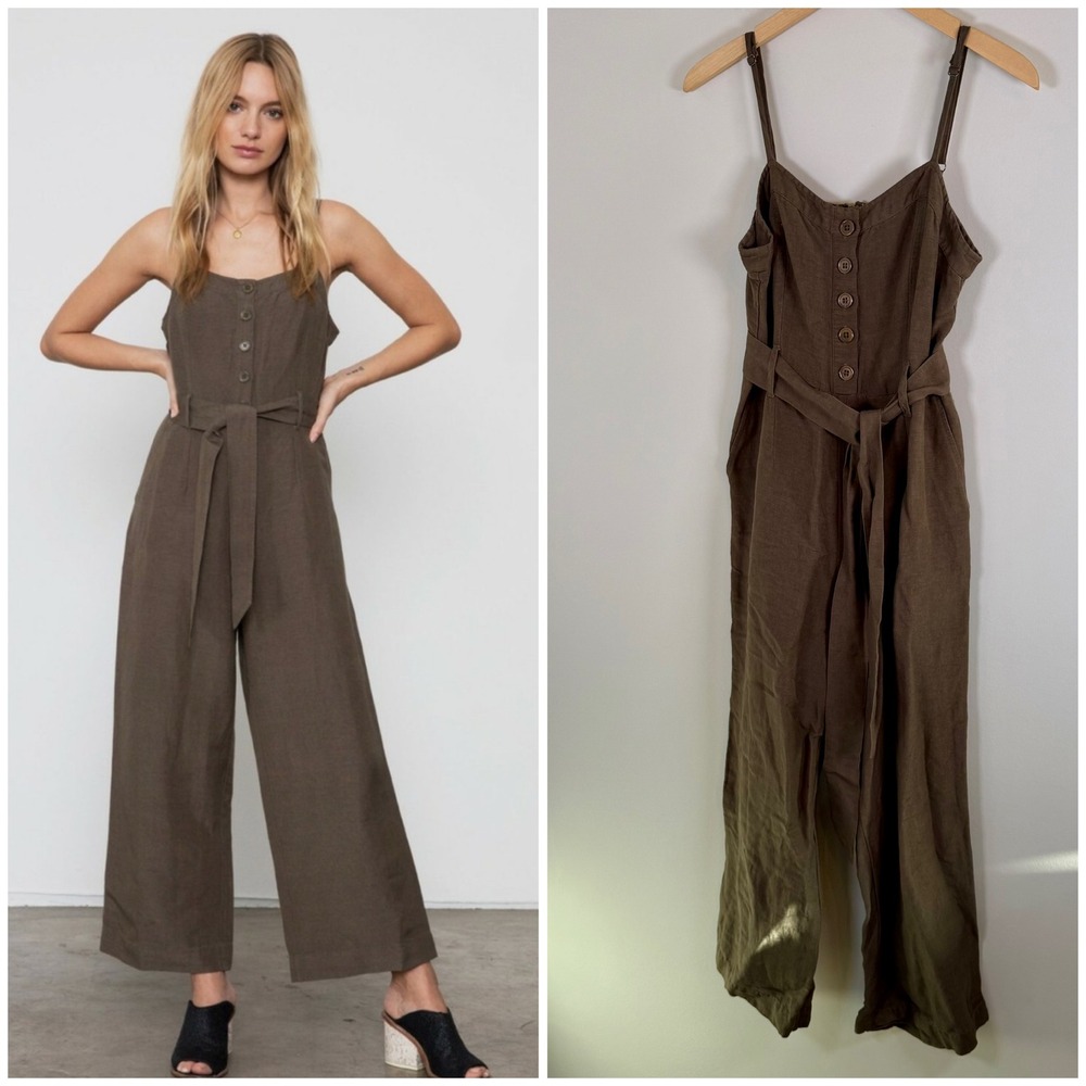 Rails Harper Olive Linen Blend‎ Cropped Wide Leg Belted Jumpsuit Overalls Medium